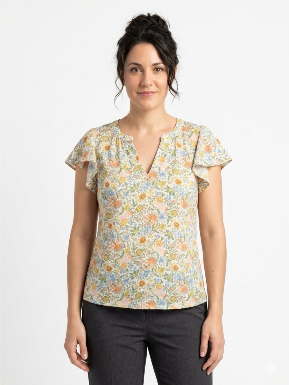Loft Lightweight Colorful Floral Split-Neck Flutter Sleeve Top Size M NWT